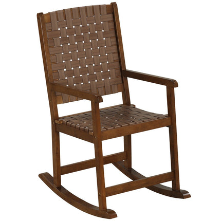 Wooden rocking chair with armrest & faux leather mesh & rubber tree frame brown