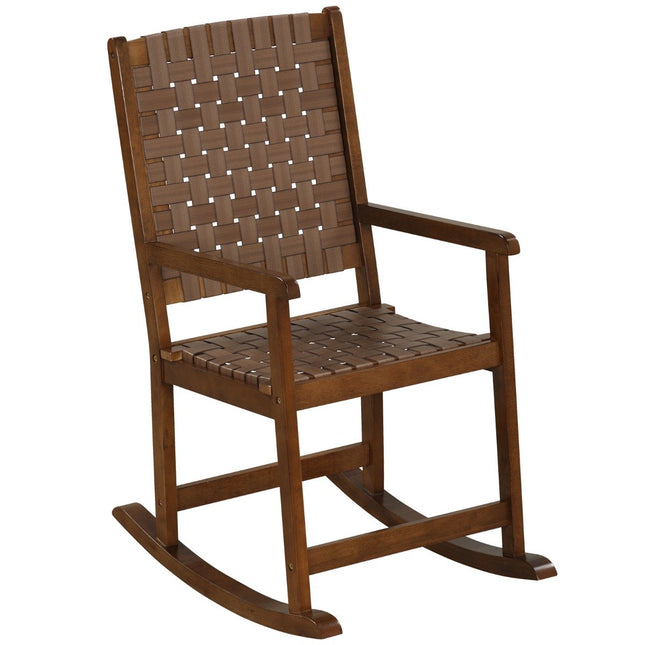 Houten schommelstoel met armleuningen en kunstleren mesh & rubber boomframe bruin