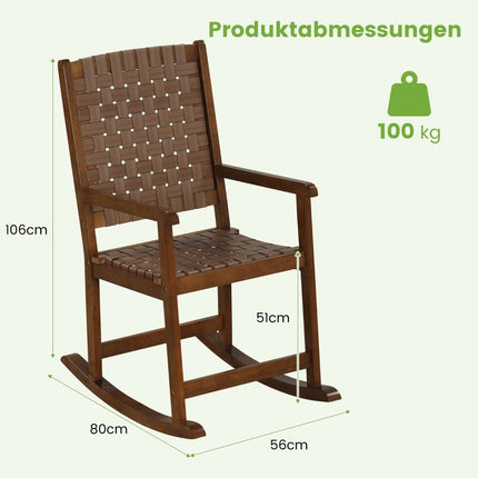 Wooden rocking chair with armrest & faux leather mesh & rubber tree frame brown