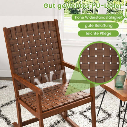 Wooden rocking chair with armrest & faux leather mesh & rubber tree frame brown