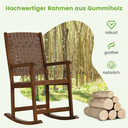 Wooden rocking chair with armrest & faux leather mesh & rubber tree frame brown