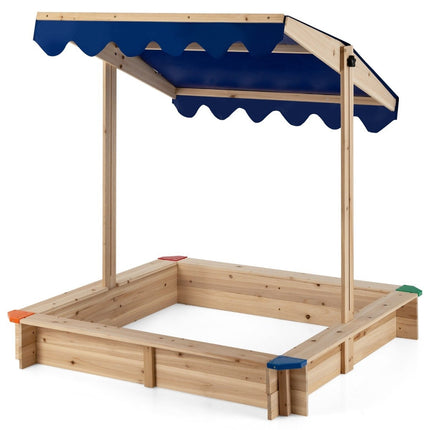 Wooden sandpit with height-adjustable canopy and protective corners play station
