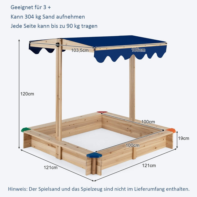 Wooden sandpit with height-adjustable canopy and protective corners play station