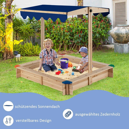 Wooden sandpit with height-adjustable canopy and protective corners play station