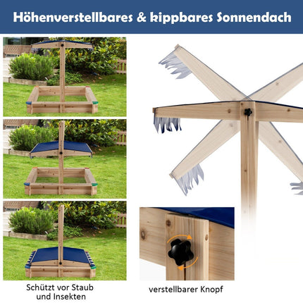 Wooden sandpit with height-adjustable canopy and protective corners play station