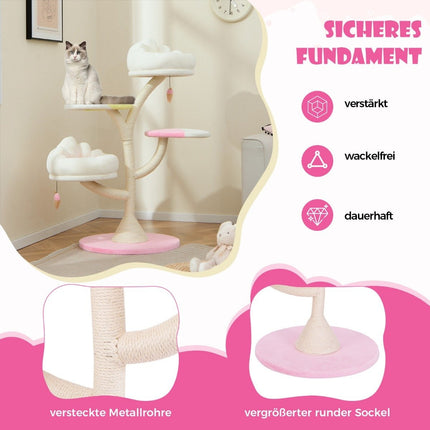 Wooden scratching post, cute cat tree with 2 lying areas & 2 platforms & play ball & sisal posts white + pink