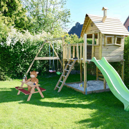 Wooden seating area for children with cushions