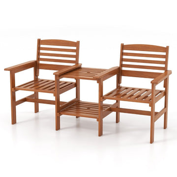 Wooden seating set with coffee table and umbrella hole. Weatherproof garden furniture set for the terrace