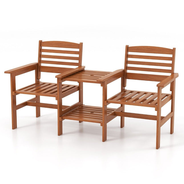 Wooden seating set with coffee table and umbrella hole. Weatherproof garden furniture set for the terrace