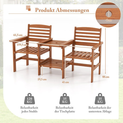 Wooden seating set with coffee table and umbrella hole. Weatherproof garden furniture set for the terrace