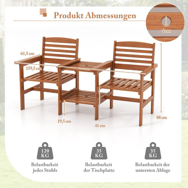 Wooden seating set with coffee table and umbrella hole. Weatherproof garden furniture set for the terrace