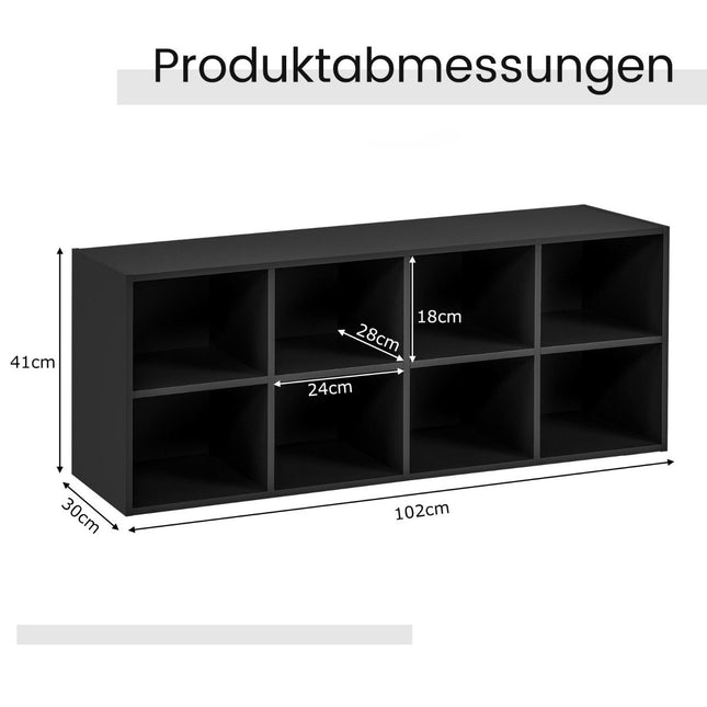 Houten schoenenbank met zitting en 8 open vakken, draagvermogen 230 kg, schoenenkast, zwart