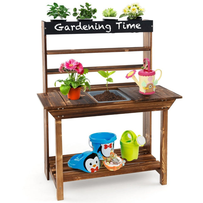 Wooden table with solid fir wood frame & 4 flower pots & removable fir wood sink