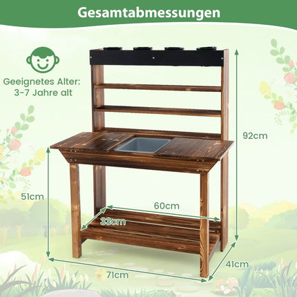 Wooden table with solid fir wood frame & 4 flower pots & removable fir wood sink