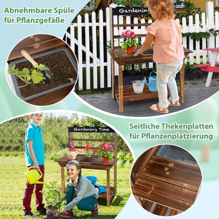 Wooden table with solid fir wood frame & 4 flower pots & removable fir wood sink