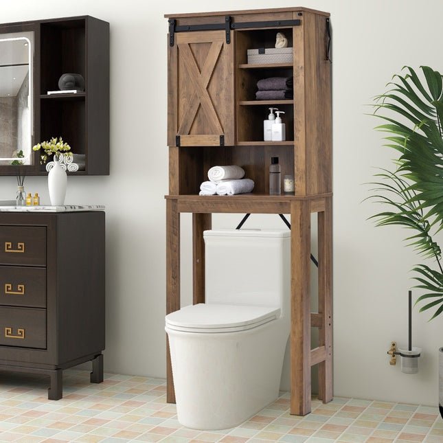 Wooden toilet cabinet with sliding door and 4-way adjustable shelves, brown