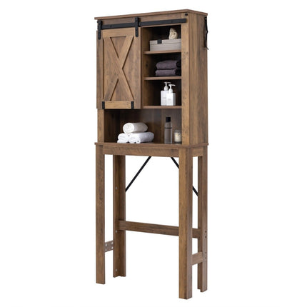 Wooden toilet cabinet with sliding door and 4-way adjustable shelves, brown