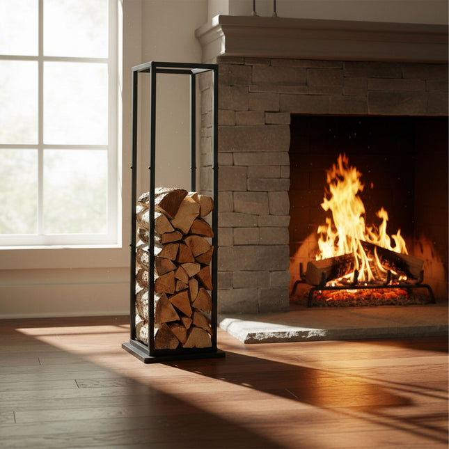 Wood stand in tall metal