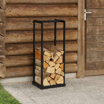 Wood stand in tall metal
