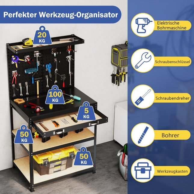 Workbench 81 x 41 cm 225 kg load capacity work table with perforated wall &amp; Drawers &amp; shelves black
