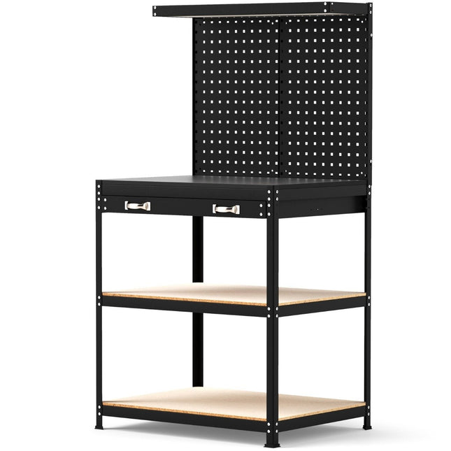 Workbench 81 x 41 cm 225 kg load capacity work table with perforated wall &amp; Drawers &amp; shelves black