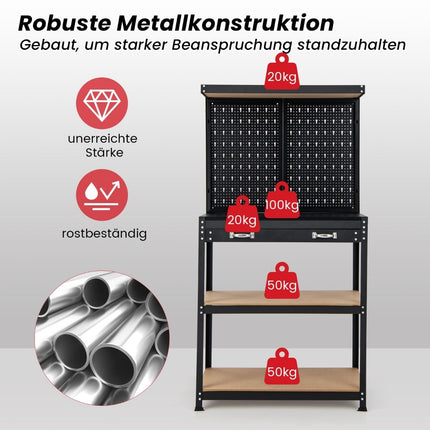 Workbench with Pegboard, Drawers, Metal Frame, 81x41x155 cm