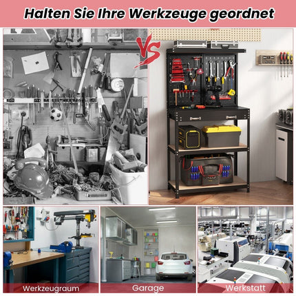 Workbench with Pegboard, Drawers, Metal Frame, 81x41x155 cm