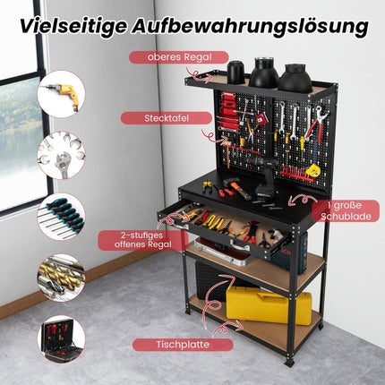 Workbench with Pegboard, Drawers, Metal Frame, 81x41x155 cm