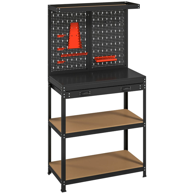 Workbench with Pegboard, Hooks, Drawer, 2 Shelves, Black