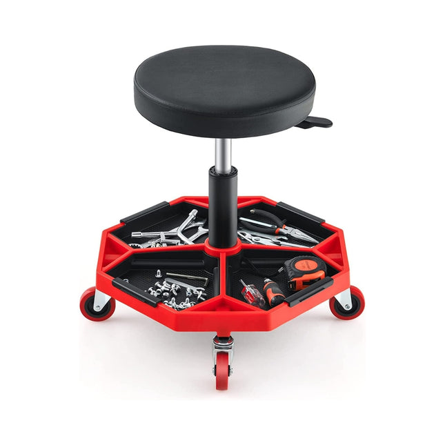 Workshop rolling seat with shelf & 4 universal wheels, 150 kg load capacity, height adjustable red + black