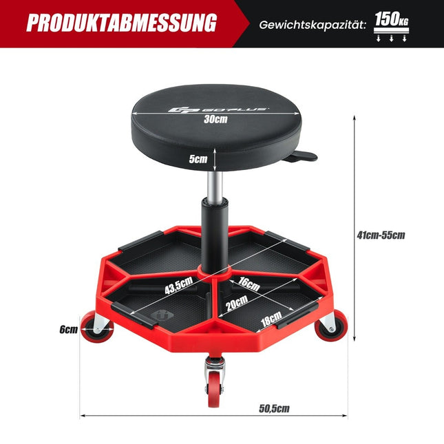 Workshop rolling seat with shelf & 4 universal wheels, 150 kg load capacity, height adjustable red + black