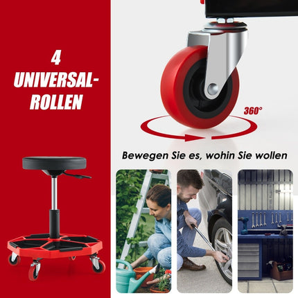Workshop rolling seat with shelf & 4 universal wheels, 150 kg load capacity, height adjustable red + black