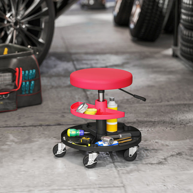 Werkplaatskruk met wielen, bakjes, hoogte verstelbaar 40-51cm, rolkruk, draagvermogen tot 135 kg, rood