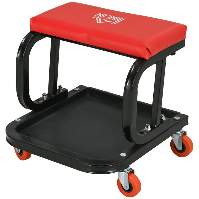 Workshop stool with shelf & padded seat - red steel
