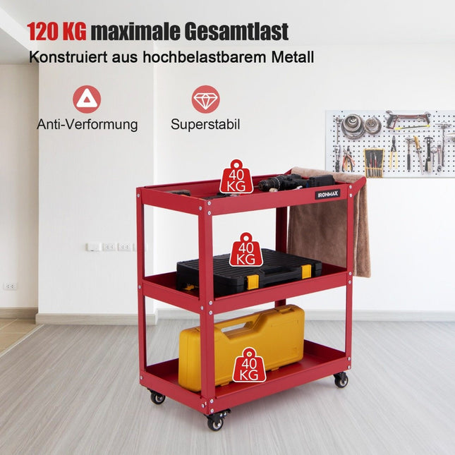 Workshop trolley 3 levels workshop trolley with 4 universal wheels & handle 73 x 36 x 75 cm red