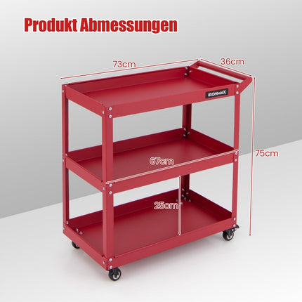 Workshop trolley 3 levels workshop trolley with 4 universal wheels & handle 73 x 36 x 75 cm red