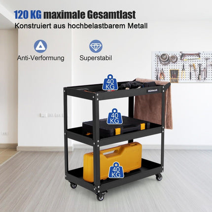 Workshop trolley 3 tier workshop trolley with 4 universal wheels & handle 73 x 36 x 75 cm black