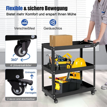 Workshop trolley 3 tier workshop trolley with 4 universal wheels & handle 73 x 36 x 75 cm black