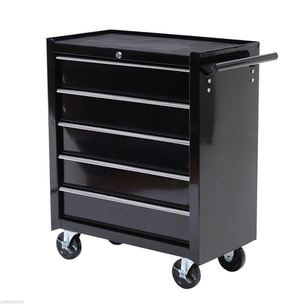 Lockable black tool trolley with 5 drawers & handle