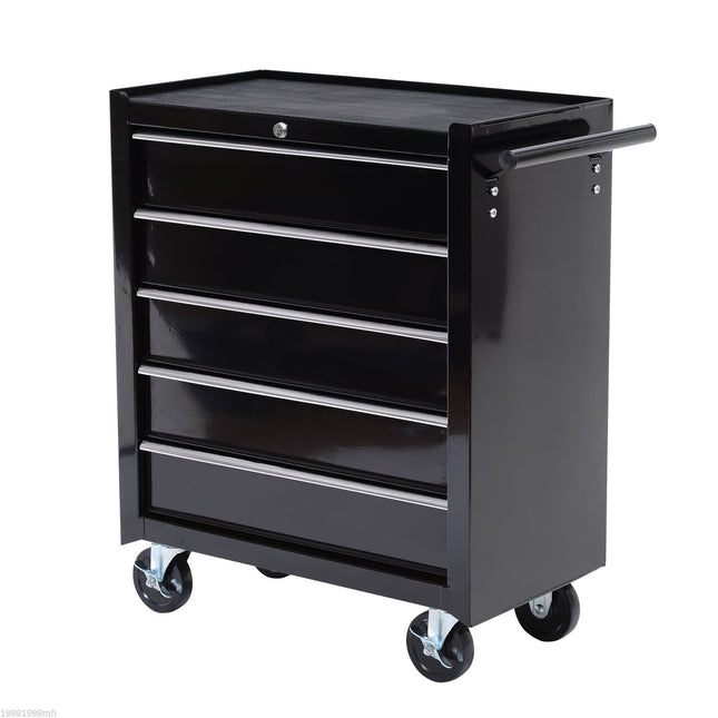 Lockable black tool trolley with 5 drawers & handle