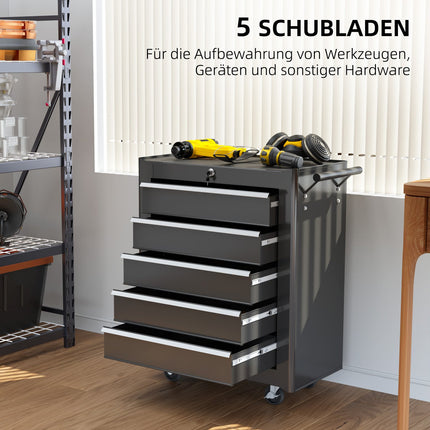 Lockable black tool trolley with 5 drawers & handle