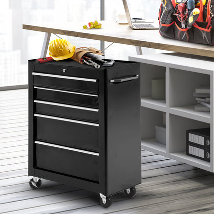 Lockable black tool trolley with 5 drawers & mats