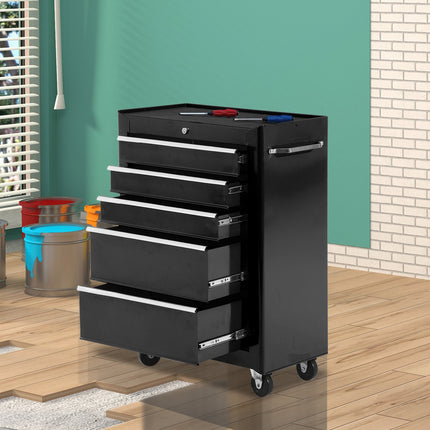 Lockable black tool trolley with 5 drawers & mats