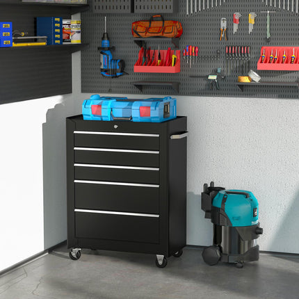 Lockable black tool trolley with 5 drawers & mats