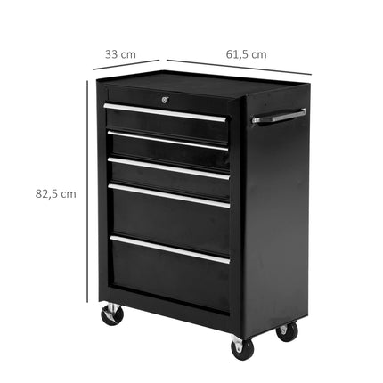 Lockable black tool trolley with 5 drawers & mats