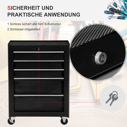 Lockable black tool trolley with 5 drawers & mats