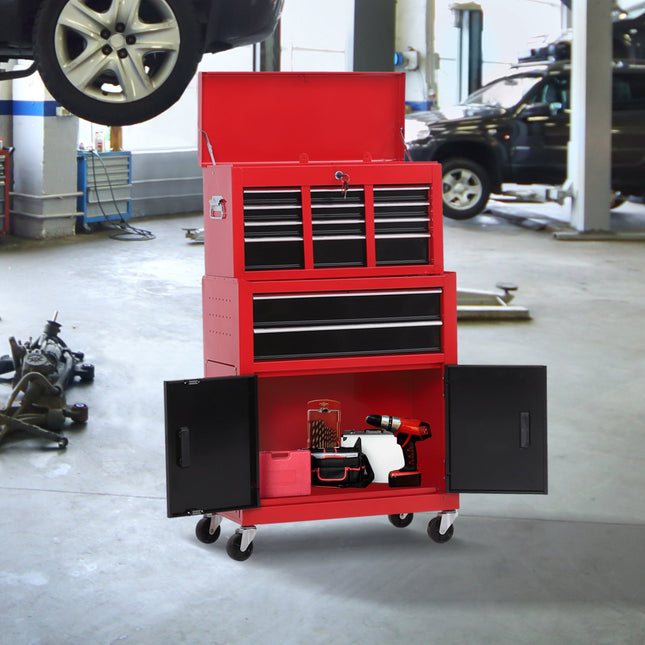 Lockable metal tool trolley with 6 drawers and cabinet