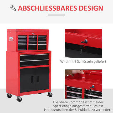 Lockable metal tool trolley with 6 drawers and cabinet