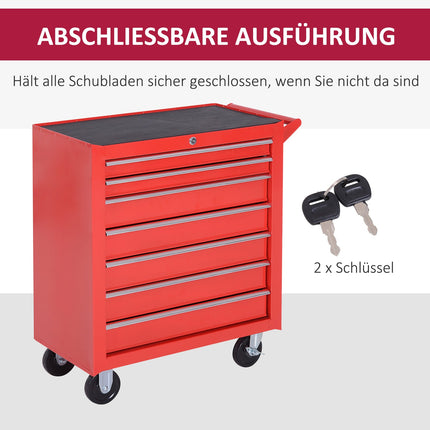 Workshop tool trolley with wheels, 7 lockable drawers