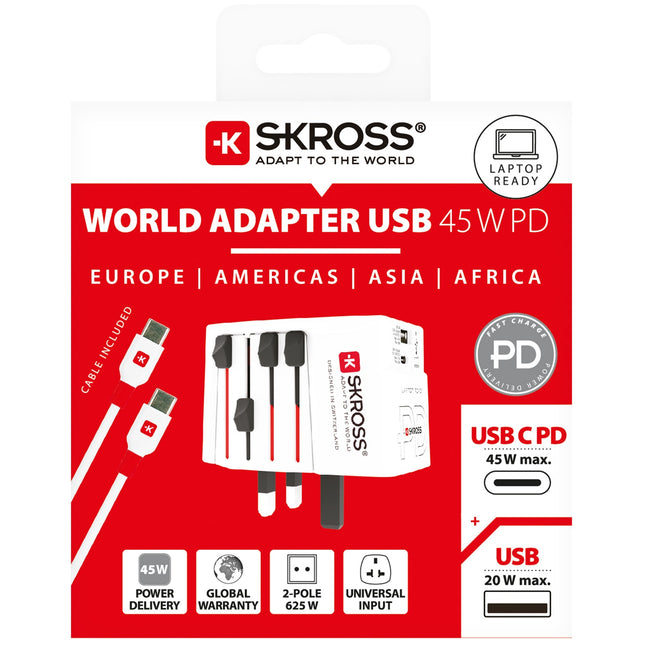 World travel adapter MUV 1xUSB-C PD 1xUSB-A 45W Ungrounded